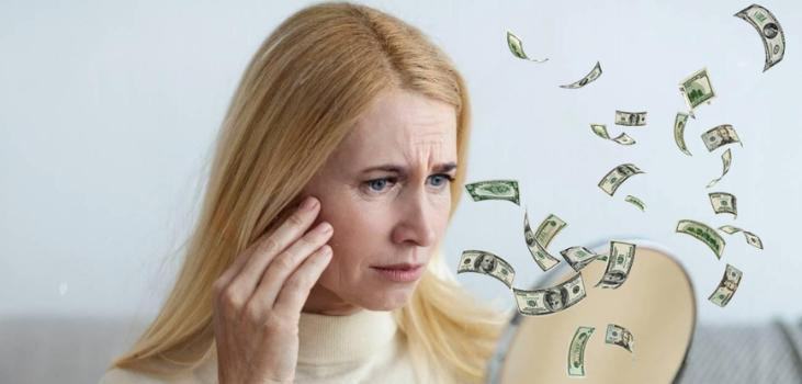 Mature woman looking at her wrinkles in a mirror and money are flying away around her